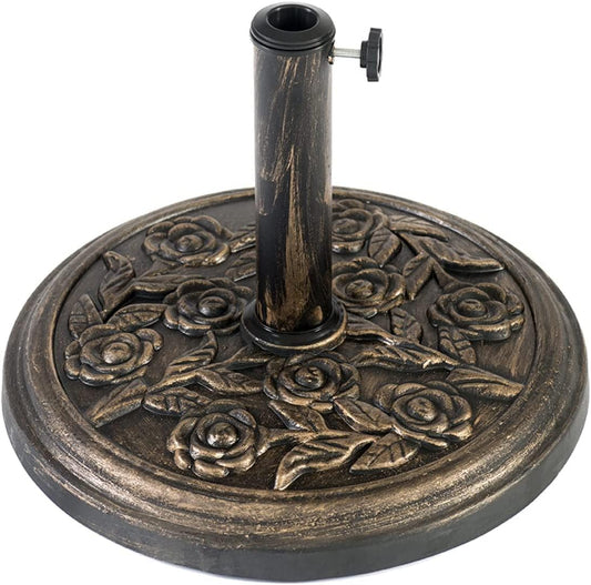 12KG Cast Iron Effect Garden Parasol Base - With Floral Rose Design