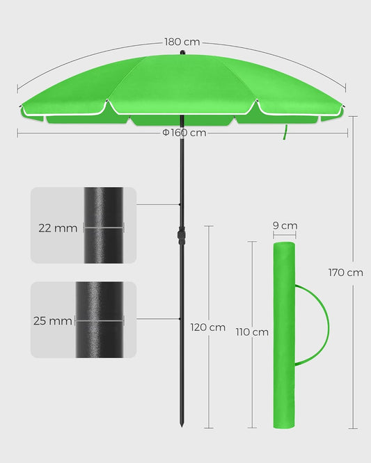 Parasol 160 cm, Sun Protection, Height Adjustable, with Carry Bag - Green