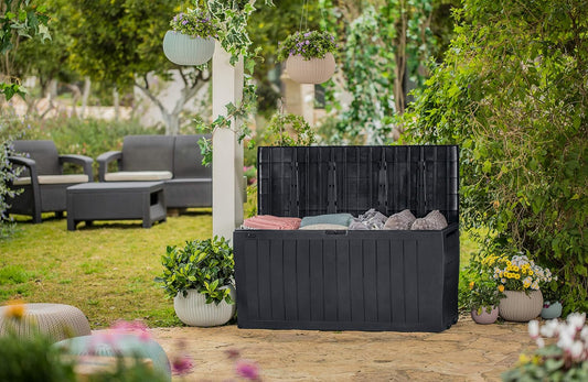 270L Outdoor Furniture Storage Box Graphite Wood Panel Effect