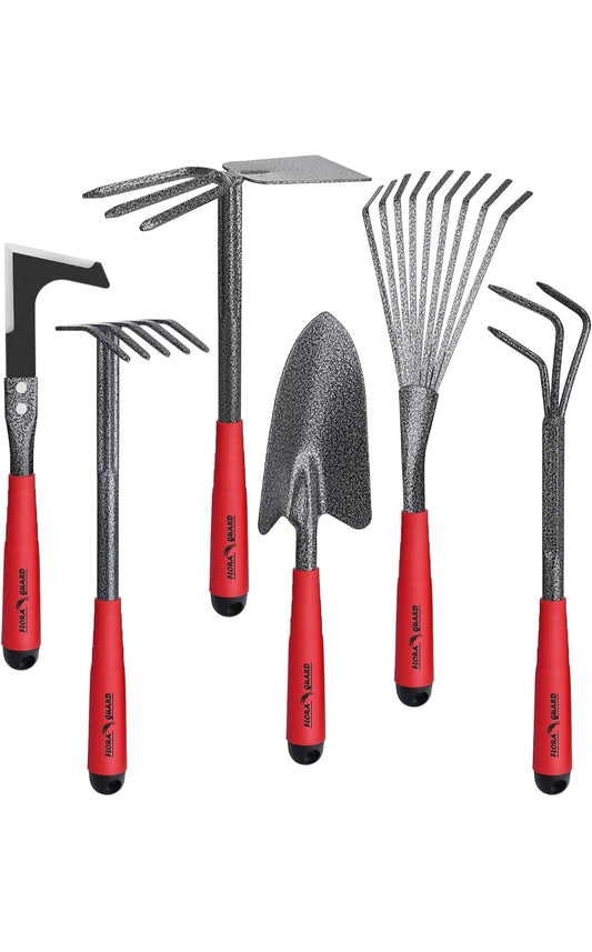 6 Piece Garden Tool Set - Including Transplanting Spade, Trowel, Rake, Cultivator, Weeder, Pruner, Gardening Hand Tools with High Carbon Steel Heads + Free Delivery to EU and UK